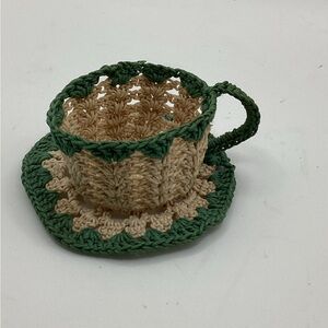 Handmade Crochet Teacup and Saucer - Green & Cream